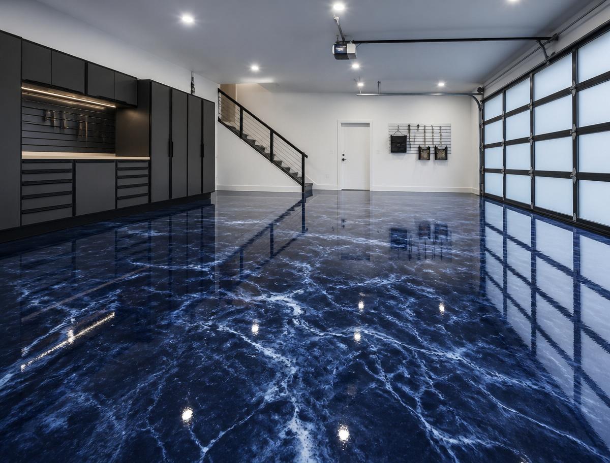A glossy dark blue epoxy coated garage floor reflecting overhead lights